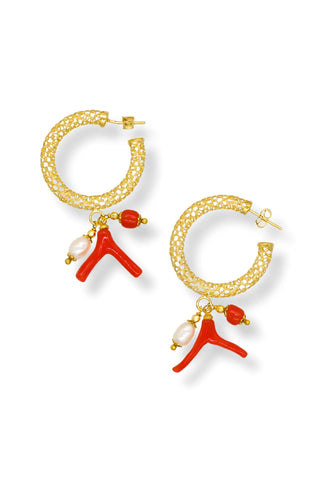 Bamboo Coral & Pearl Gold Loop Earrings - Amanda Marcucci 